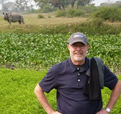 At Kaziranga NP. At this moment, I didn't know the rhino would cross the swamp later that day!