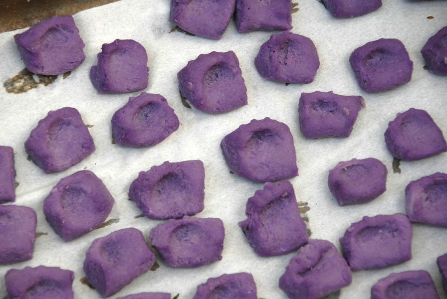 Uncooked Purple Congo gnocchi after drying