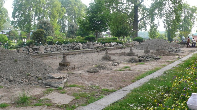 The water channel and fountains on a higher terrace at Shalimar, undergoing restoration, May 2013.