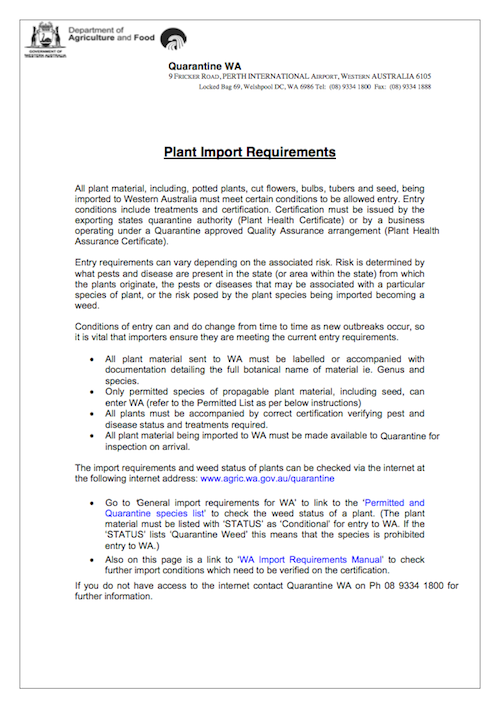 WA Plant Import Requirements