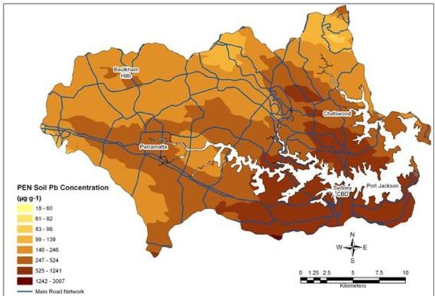 Lead contamination Sydney region map (Vanderheyden 2006 and Birch et al 2010)