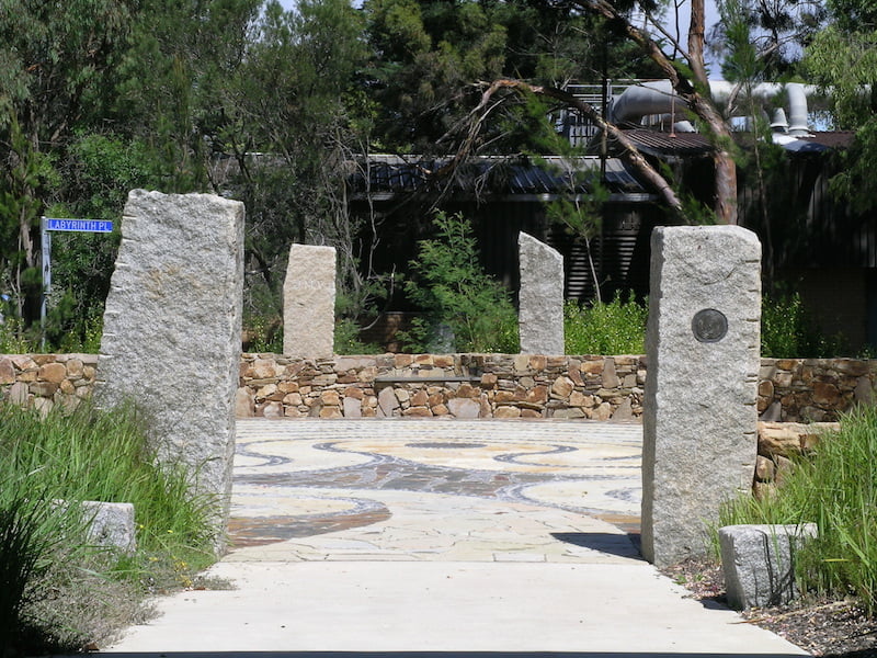 Labyrinth entrance with granite sentinels