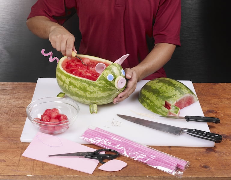 Watermelon pig carving recipe. Copyright National Watermelon Promotions Board