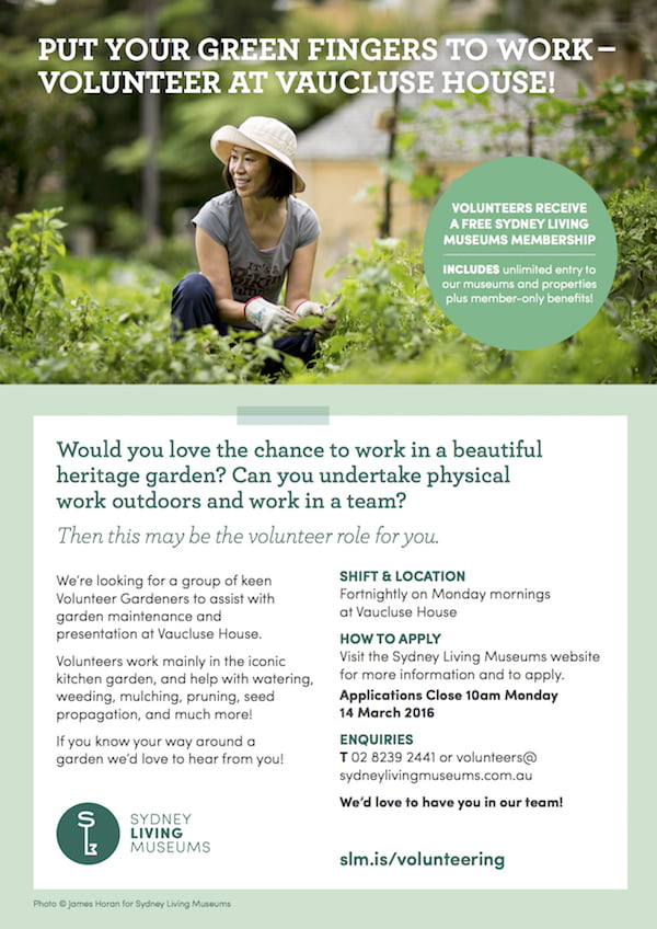 Poster - Volunteer Gardener role promotion - Vaucluse House - February 2016