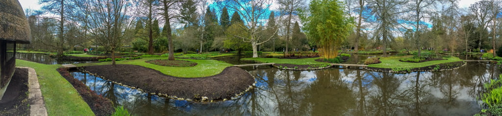 Panoramic view of the islands and bridges viewed from the summerhouse. Longstock Park Water Garden, Hampshire. Photo Pete Stevens at creativeempathy.com
